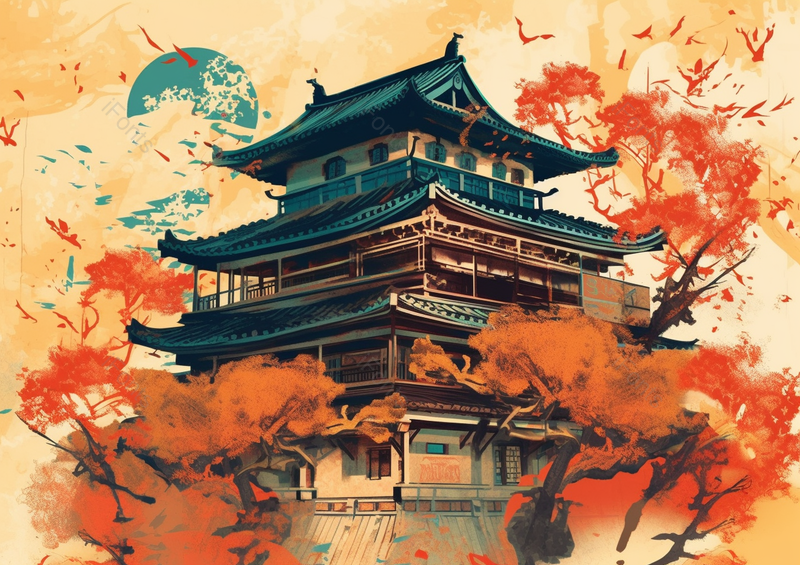中国国潮国风新中式古风建筑宫殿枫树树叶漫天飞舞室外风景场景背景插画,插画/手绘图,插画/手绘图库,插画/手绘图下载,插画/手绘